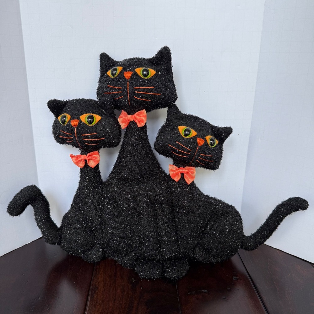 Vtg 2000 Kids of America Corp Halloween Black Cat Trio Sparkle Plush Decor 12"